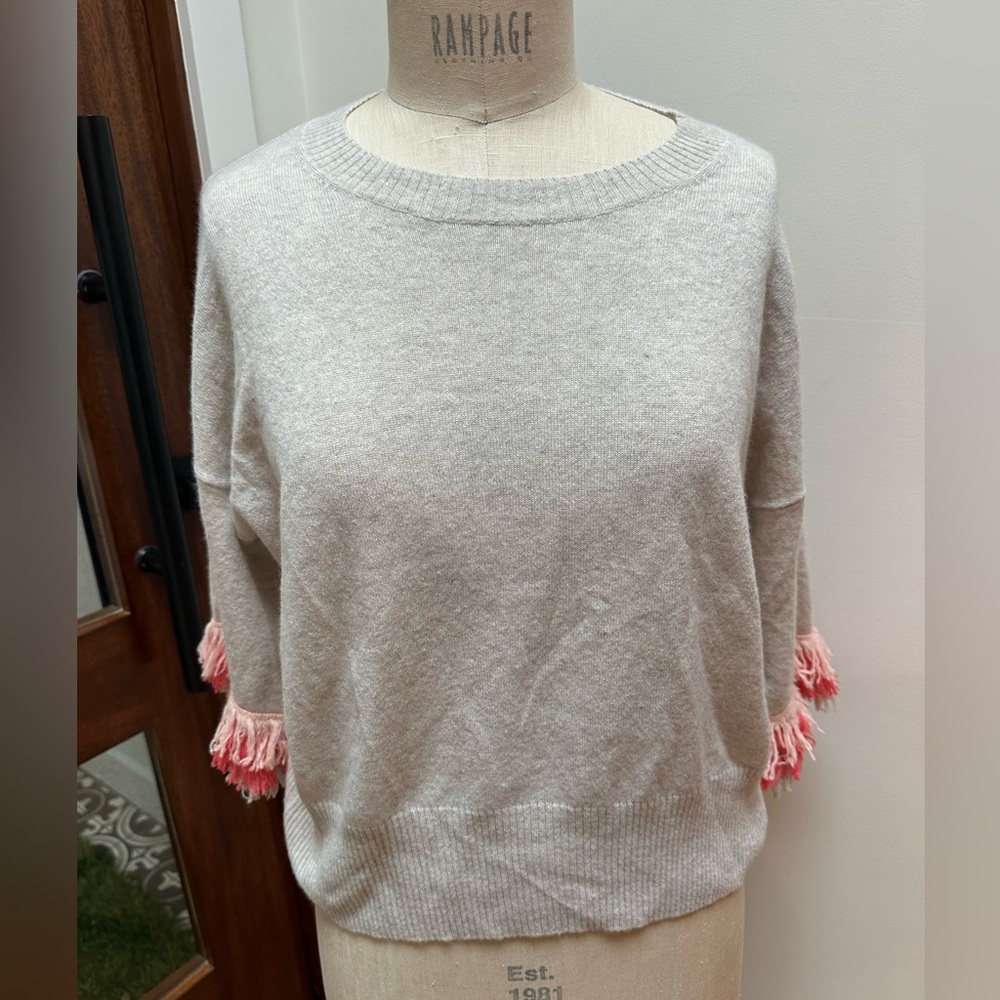 August Cashmere Beige Cashmere Summer Sweater with  Fringe 3/4 Sleeves